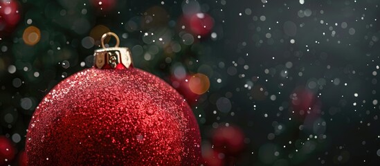 Poster - A traditional red Christmas ball decoration symbolizing joy during the festive winter holidays suitable for a close up photo with copy space image