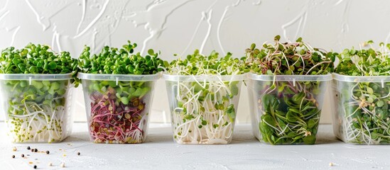 Poster - various sprouts displayed in plastic containers against a white backdrop with copy space image
