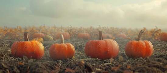 Aufkleber - A row of four pumpkins in orange hues sits on a farm field ideal as a background for food vegetable produce and agriculture themed content alongside a blank space for text or design. Creative banner