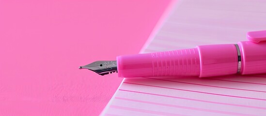 Aufkleber - Selective focus on a pink pen placed on a notebook against a pink background leaving empty space for text or an image. Creative banner. Copyspace image