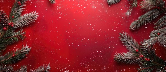 Poster - A festive Christmas scene with tree branches creating a frame against a red background ideal for holiday greeting cards with copy space image