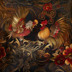 Wall Mural - there are two roosters standing on a black background with red flowers