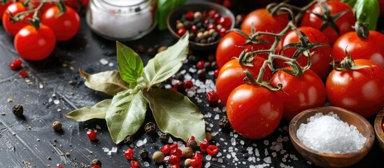 Poster - Fresh tomatoes bay leaves salt pepper and red sauce spices on a dark table with a clear area for additional elements in the image