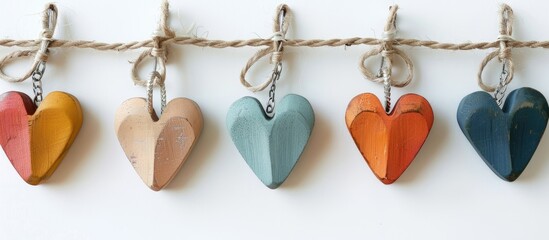Poster - A variety of heart shaped clips in different colors set against a white backdrop tightly fastened with a rope providing a copy space image