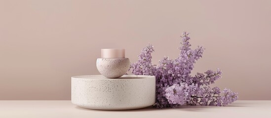 Aufkleber - Studio photography of a cosmetics skin care product presentation with a pumice stone podium and lilac flowers providing a visually appealing copy space image
