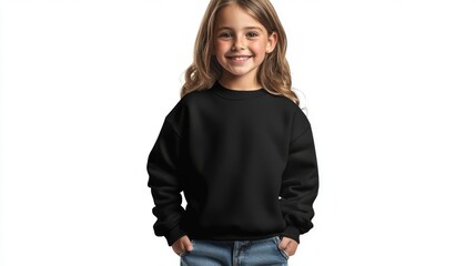 An isolated shot of a smiling little girl wearing a black long sleeve t-shirt, illustrating a concept of style and fashion