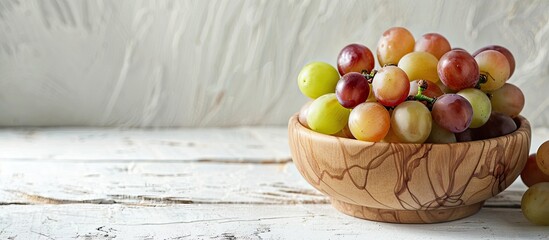 Poster - Wooden bowl filled with white and red grapes on a white wood table background with space for copying an image