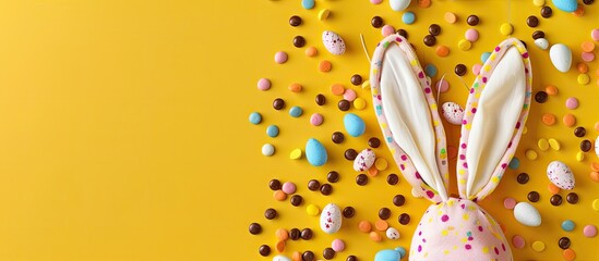 Poster - Easter bunny ears and chocolate eggs on a yellow background High quality photo of a poster with a copy space image