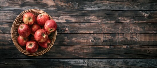 Wall Mural - Wooden background with a basket of apples Illustrating a healthy eating idea with seasonal winter fruits Features copy space image in a top view arrangement