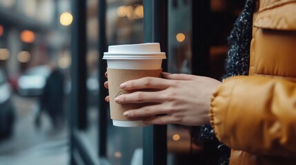 A woman dressed in a warm coat enjoys a takeaway coffee while standing outside a cafe on a lively city street.