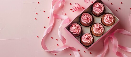 Aufkleber - Gift box adorned with a pink ribbon set on a light pink backdrop housing cupcakes with room for text seen from above in the copy space image