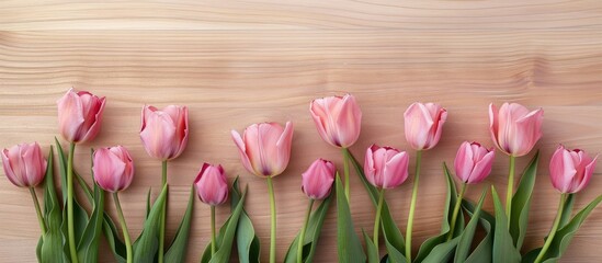 Poster - Pink tulips arranged on a light plywood background with space for text or copy suitable as a postcard template featuring a copy space image