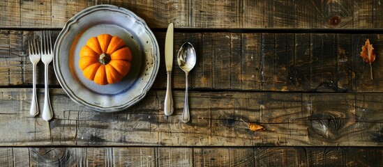 Poster - Top down view of a rustic table setting for Thanksgiving or Halloween featuring a mini pumpkin cutlery and ample copy space image