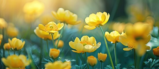 Poster - Spring season showcases vibrant yellow flowers in a picturesque setting with copy space image