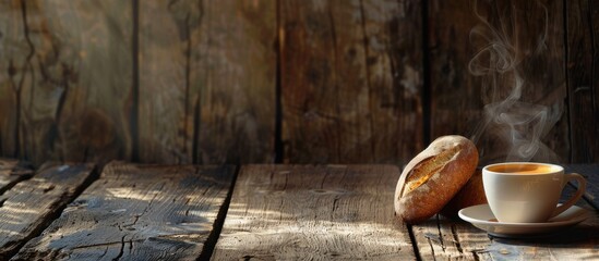 Sticker - Panoramic banner with a rustic wood background displaying a steaming cup of coffee alongside bread featuring ample copy space image