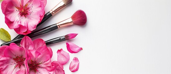 Poster - Magenta brushes and a flower perfect for a beautician concept with a white backdrop providing room for text in a copy space image