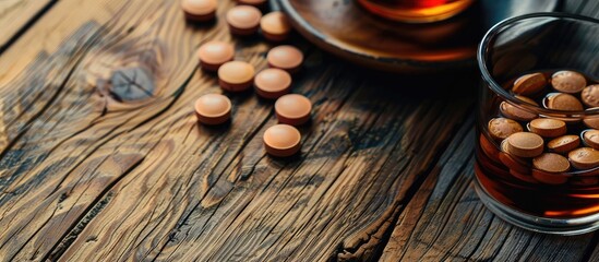 Aufkleber - Pain relief medication in liquid and tablet form with copy space image