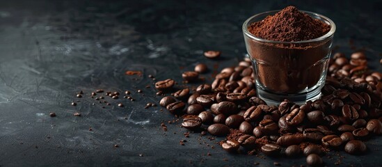 Poster - Glass containing roasted coffee beans and coffee powder with copy space image