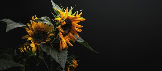 Poster - Sunflower plant displaying blossoming flower heads in a charming picture with copy space image