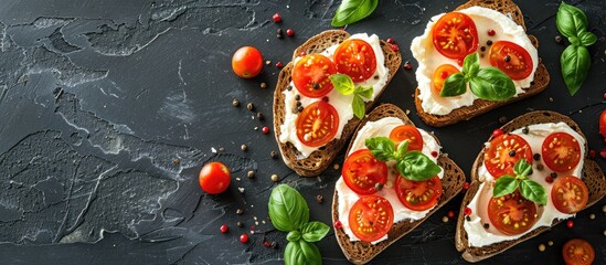 Aufkleber - Healthy breakfast recipe featuring rye toast with cream cheese tomatoes and basil captured in a top view copy space image