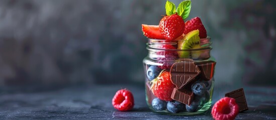 Poster - Glass jar filled with fruity chocolate creating a vibrant and mouth watering copy space image