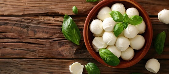 Aufkleber - Top view of a wooden table with a bowl containing delicious mozzarella balls and fresh basil leaves with ample space available for text next to the copy space image