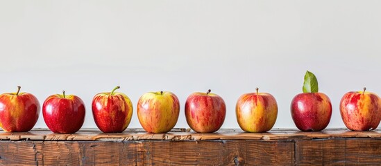 Aufkleber - Row of ripe apples arranged on wooden surface against a white backdrop with copy space image