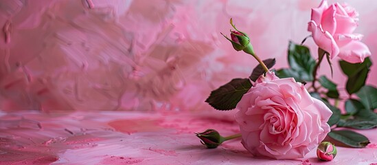 Wall Mural - Valentine s Day setting features a lovely pink rose buds and a pink backdrop with room for additional content in the image