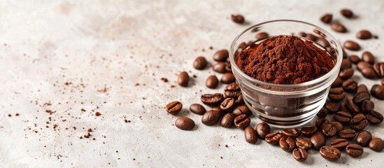 Poster - Glass containing roasted coffee beans and coffee powder with copy space image