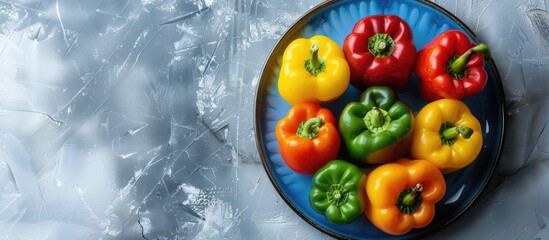 Poster - A variety of fresh bell peppers in different colors arranged on a blue plate against a white backdrop The image focuses on the multicolored peppers from a top view leaving space for text or other ele