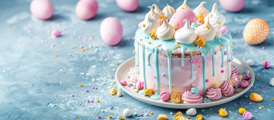 Fototapete - Easter cake with glace icing and meringue accents on top perfect for festive occasions creating a delightful and visually appealing dessert at celebrations with copy space image