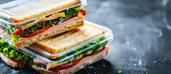 Poster - Selective focus on sandwiches in a lunchbox on a table with a copy space image available