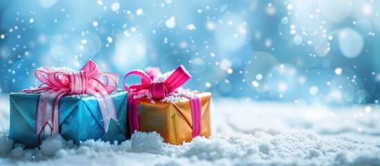 Poster - Gifts adorned with colorful ribbons set in a snowy scene with ample white space for adding text or graphics a perfect copy space image