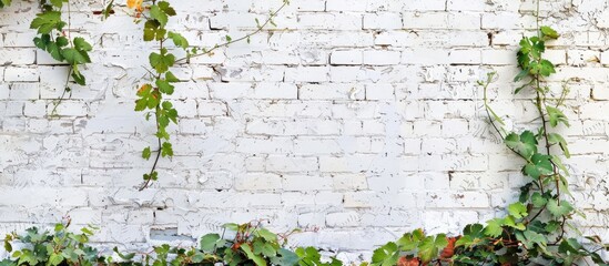 Wall Mural - Old white brick wall adorned with a natural floral border and wild grape vines Suitable for a copy space image