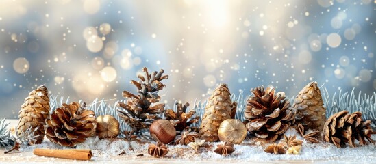 Poster - Festive greeting Background for New Year with cones nuts and cinnamon perfect for copy space image