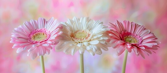 Poster - A pink and white gerbera trio on a vibrant backdrop with copy space image featuring a greeting in German celebrating Mother s Day with a gentle focus