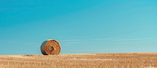Poster - Field with hay bales set against a backdrop of clear blue sky offering ample copy space image