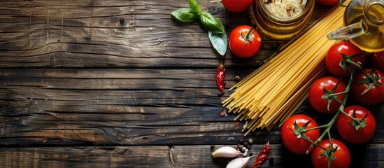 Poster - Italian cuisine concept with ingredients like raw pasta cherry tomatoes olive oil garlic cheese and spices on a dark wooden backdrop for a pasta themed image with space for text. Creative banner