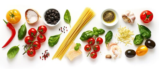 Poster - Italian cuisine ingredients displayed on copy space image of a white background