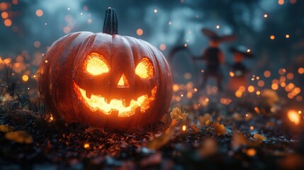 pumpkin patch under a twilight sky with carved pumpkins and spooky scarecrows. rural halloween night