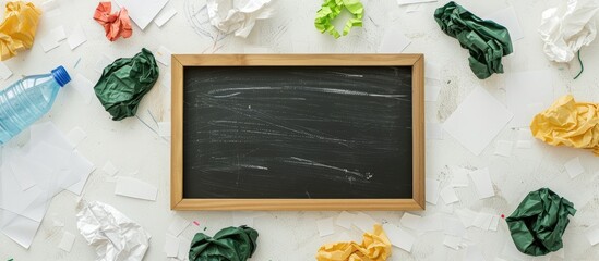 Poster - Recycling concept with a used plastic bottle frame crumpled paper and blackboard on a white background for a copy space image