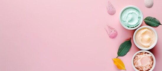 Poster - Natural body scrub face cream and skin clay mask in cosmetic containers arranged on a pink background in a flat lay composition with copy space image