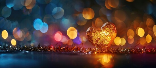 Fototapete - Heart shaped yellow gold on black background with colorful lighting bokeh ideal for evening decorations featuring blurred Valentine s theme a soft romantic copy space image