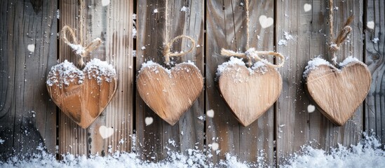 Fototapete - Heart shaped wooden decorations displayed on a snowy wooden backdrop with space for adding images. Creative banner. Copyspace image