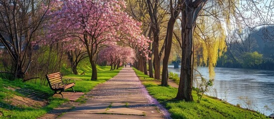 Poster - River park in early spring filled with fresh blooming nature perfect for a copy space image