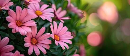 Leinwandbilder - Pink flowers in full bloom against a green nature backdrop in a garden with copy space image