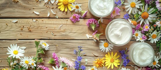 Aufkleber - Wooden background with jars filled with body cream and flowers perfect for a copy space image