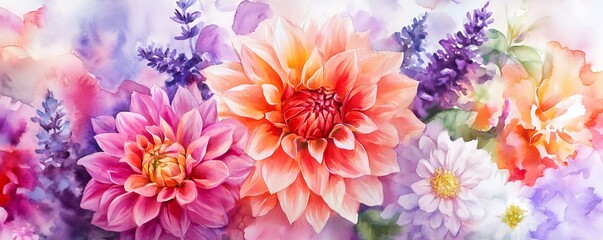 Canvas Print - Watercolor painting showing vibrant dahlias and lavender flowers blooming