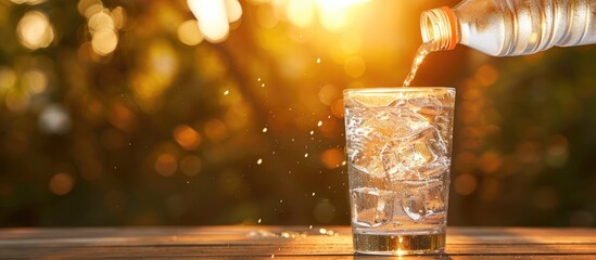 Poster - A plastic bottle pouring water into a glass with ice cubes on a wooden table outdoors with copy space image