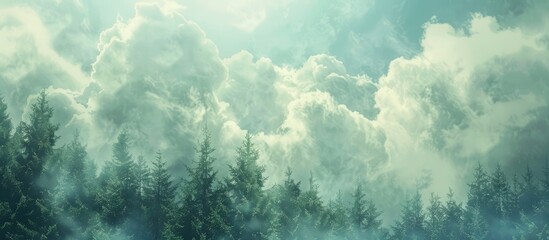 Canvas Print - Forest depicted in the sky with fluffy clouds providing copy space image